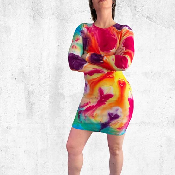 Ice Dyed Bodycon Dress - Long-sleeve Night Out - Rock meets Boho Women's Large - Picture 2 of 11